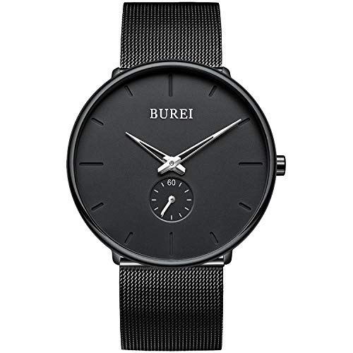 BUREI Reloj de los Hombres Minimalista Ultra Delgado Negro dial analógico con Reloj de Pulsera de Cuarzo Negro de Acero Inoxidable Banda de Malla