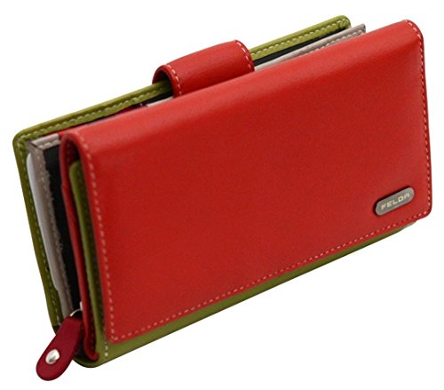 Cartera para Mujer - con Bloqueo de transmisiones RFID y 19 Ranuras para Tarjetas - Cuero auténtico Muy Suave - Naranja y Verde