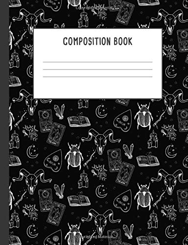 Composition Book: Witchcraft Crystals Ouija Tarot Game Cards Grimoire Moon Mystical Doodles Black Pattern Notebook, 200 pages College ruled (7.44 x 9.69)