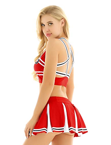 dPois Disfraz de Animadora Uniforme Mujer Sexy Traje de Porrrista Escuela Top Corto sin Mangas Falda Corta Plisada High School Cosplay Rojo X-Large