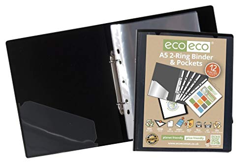 eco-eco A5 65% Reciclada 2-O Anillos Negro Carpeta de Anillas de Color Presentación con 12 Bolsillos de Múltiples Perforadas (eco045)