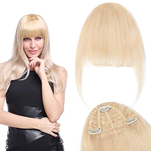 Extensiones Flequillo de Pelo Natural de Clip Franja Sin Diluir Flequillo Postizo de Cabello Humano Hair Bangs Extensions - 60# Rubia Platino