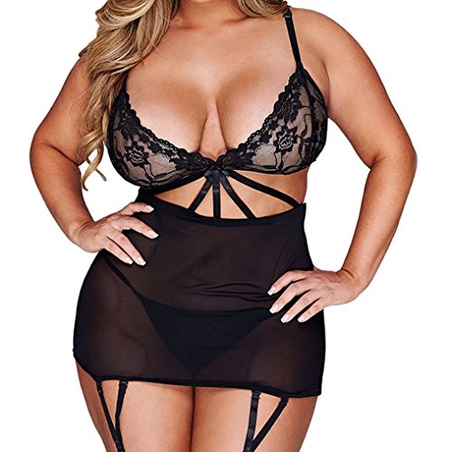 FAMILIZO Lencería Sexy Mujer Tallas Grandes Lencería Erotica Mujer Conjuntos De Lencería Mujer Encaje Lingerie Babydoll Vestido Pijamas Ropa Interior Ropa de Dormir Camisones (XL, Negro)