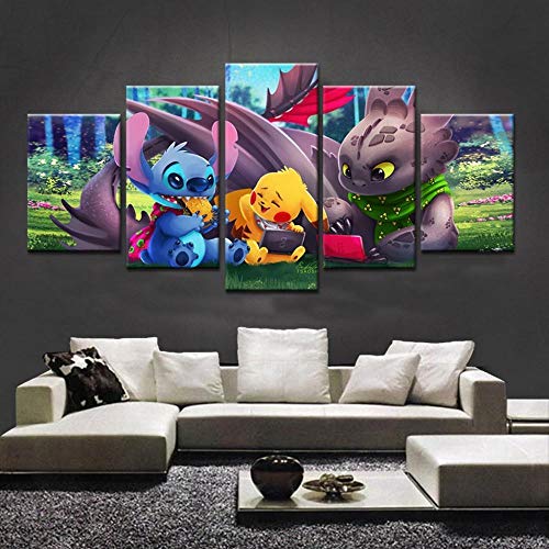 GANFANREN Decorative Pictures Painting Spray Canvas 5 Pieces Unicorn Pokemon Witches Feast – Cartoon Canvas Wall Picture Furniture Art Deco-200 * 100cm-Framed
