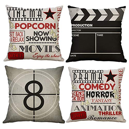 Gspirit 4 Pack Retro Pelicula Algodón Lino Throw Pillow Case Funda de Almohada para Cojín 45x45 cm