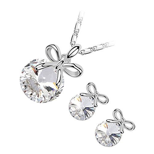 GWG Jewellery Juego de Joyas Mujer Regalo Conjunto Collar y Pendientes, Chapado en Plata de Ley Cristal Redondo Blanco Decorado con Lazo Festivo por Encima para Mujeres