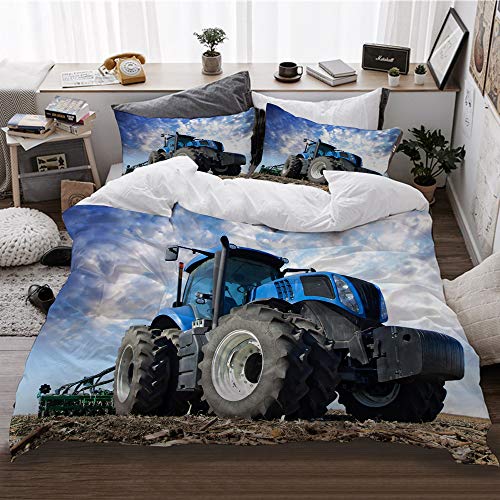 HATESAH Funda Edredón,Las Ruedas del Tractor en el Enorme Campo un Agricultor Montando un Tractor Trabajando en un Campo maquinaria agrícola,3 Pcs Ropa Cama Funda Nórdica Sábana Bajera (140 * 200CM)