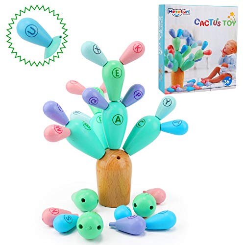 Herefun Juguete Cactus de Madera, Juguete de Montaje Cactus, Cactus Equilibrio Bloque Juego Creativo DIY Toys, Juguete Montessori Madera Bloques de Construcción para Niños (B)