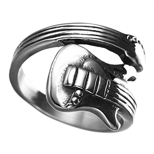 HIJONES Hombre Acero Inoxidable Punk Rock Wrap Alrededor De La Música De La Guitarra Anillo De Plata Tamaño 19