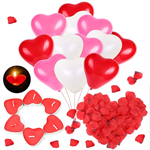 HOWAF Kit Romántico de Velas, Globos y Pétalos. 50 Velas en Forma de Corazón + 1000 Pétalos de Rosa Roja de Seda + 60 Globos Corazón Rojo Rosa Blanco, Decoración para San Valentín, Bodas y Compromiso