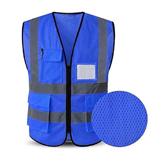 Hycoprot Chaleco de Seguridad Reflectante Alta Visibilidad Ropa de Trabajo Gerente Ejecutivo Chaqueta de Chaleco Cremallera Brace Seguridad Teléfono móvil Titular de ID de Bolsillo(M, Azul)