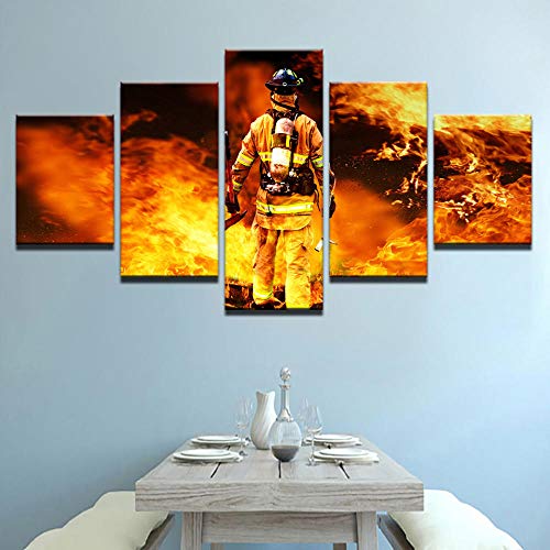 IIIUHU Cuadro Moderno En Lienzo 5 Piezas XXL Bombero Bombero Guerrero Paisaje HD Abstracta Pared Imágenes Modulares Sala De Estar Dormitorios Decoración para El Hogar 150X80Cm