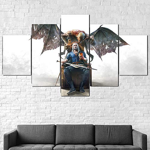 IMXBTQA Cuadro En Lienzo, Imagen Impresión, Pintura Decoración, Cuadro Moderno En Lienzo 5 Piezas XXL,125X60Cm,The Witcher 3 Geralt Gaming Murales Pared Hogar Decor