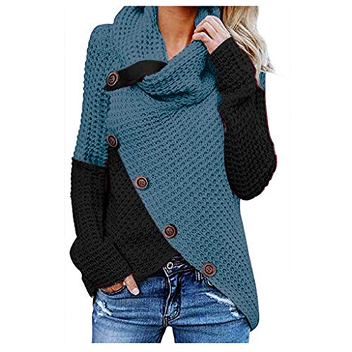 Jerseys De Punto para Mujer Cuello de Tortuga Manga Larga Suelto Prendas de Punto Suéter Irregular Contraste Chaqueta de Color Tops Cálido Otoño Invierno riou