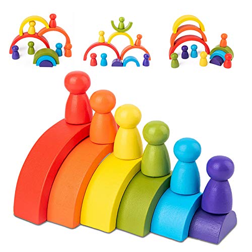 Jsdoin 12 Piezas de Juguetes apilables de Madera para niños pequeños Rainbow Stacker Juguetes de construcción Color Cognitivo Set de Bloques de Madera Arco Iris Peg Muñecas Juguetes educativos