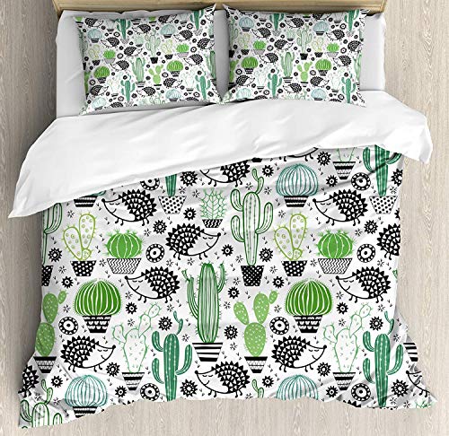 Juego de funda nórdica con decoración de cactus, dibujo inspirado en los lindos diseños de animales erizos Saguaro y en el tema Barbarie Fig, juego de cama decorativo de 3 piezas con 2 fundas de almoh