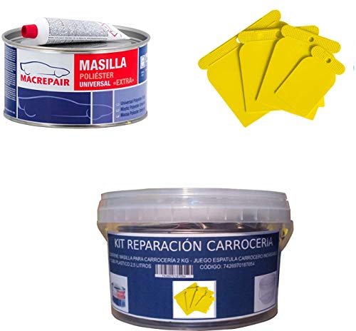 KIT REPARACION CARROCERIA (MASILLA PARA CARROCERÍA 2 KG + JUEGO ESPATULA CARROCERO PLASTICO + CUBO PLASTICO 2,5 LITROS) MAC+PLAST