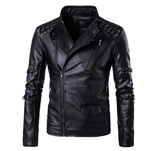 LIXIYU Los Hombres de la Cuerda Trenzada del Collar del Soporte de la Motocicleta Chaqueta de Cuero del Motorista clásico de la Chaqueta Informal Ideal Tanto para Exterior,Black-L