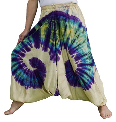 Loongcha Loong Cha de la Mujer Tie Dye Pantalones Baggy Aladdin Hippy harén Cintura Ajustable - Amarillo -