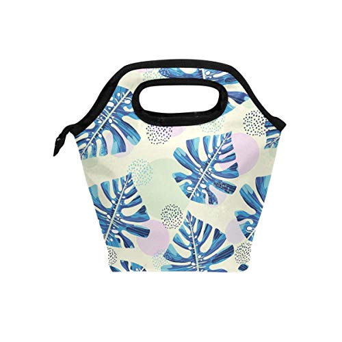 Lunch Bag Blue Tropical Leaves Pink Circle Geometric Insulated Lunchbox Thermal Portable Handbag Food Container Cooler Reusable Outdoors Travel Work School Lunch Tote