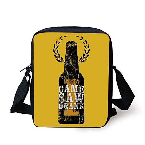 Man Cave Decor,I Came I Saw I Drank Typography Retro Grunge Aphorism Floral Wreath,Yellow White Black Print Kids Crossbody Messenger Bag Purse