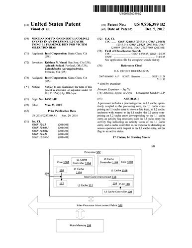 Mechanism to avoid hot-L1/cold-L2 events in an inclusive L2 cache using L1 presence bits for victim selection bias: United States Patent 9836399 (English Edition)