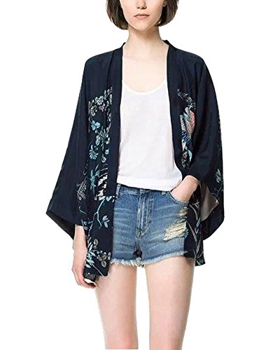 Minetom Mujer Primavera Otoño Elegante Manga Larga Quimono Kimono Casual Retro Phoenix Impresión Chaqueta Abrigo Corto Cárdigan Outerwear Azul ES 44