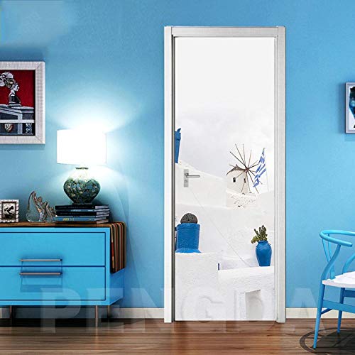 MQXUUYT® Pegatinas Decorativas De Puerta Autoadhesivo 3D Santorini Mar Egeo Grecia Vinilo para Puertas Mural PVC Pegatinas De Pared Foto Poster Mural De Puerta 3D 88X200Cm