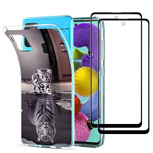 MUTOUREN Funda para Samsung Galaxy A51 (4G) Transparente Carcasa TPU Silicona Case Cover, con 2* Gratis [Vidrio Templado], Ultra Delgado Anti-arañazos Cubierta Bumper, Gato y Tigre