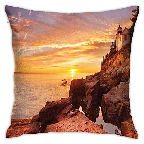 National Parks Home Decor Lighthouse On Stones Coastline Horizon Dramatic Island Ocean Harbor Orange Fashion Pillow 18inch*18inch,Pillowcase Decorative Square Sofa Bedroom Car - No Inserts Included