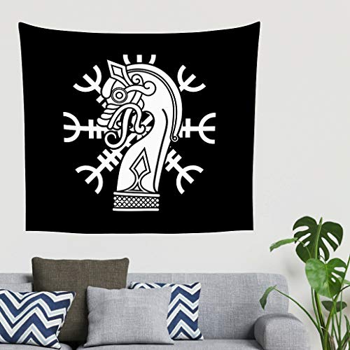 Negro y blanco escandinavo vikingo barco drakar casco de la Ehrfurcht Totem pared tapiz dragón nórdico mitología pared tapiz dormitorio pantalla de fondo 150 x 130 cm blanco