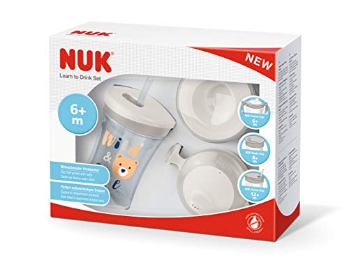 NUK - Juego de vasos, 3 en 1, vasos para aprender a beber, Trainer Cup, Magic Cup 360º y Action Cup, 6+ meses, 230 ml, sin BPA gris Grau (Neu), Model Surtido