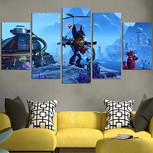 Pintura Sobre Lienzo 5 Piezas Cuadro Sobre Lienzo-Modernos Mural-Impresión En Lienzo-Listo Para Colgar-Decoración Del Hogar Arte Cuadro En Lienzo Regalo De Navidad Ratchet & Clank En Ps4 150 * 80Cm