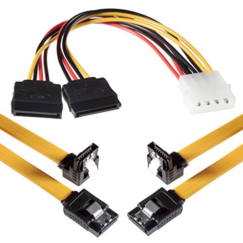 Poppstar - 2X Cable de Datos Flexible de 0,5m Sata 3 HDD SDD, Enchufe Rectos con ángulo de 90 Grados, hasta 6 GB/s, Amarillo, Incluido el Adaptador de alimentación 4 Pines a 2X 15 Pines