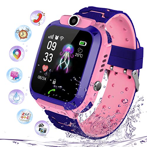 PTHTECHUS Niños Smartwatch Impermeable, Reloj Inteligente Phone con LBS Tracker SOS Chat de Voz Cámara Despertador Juego Cálculo para Regalos Estudiantes Compatible con iOS Android (02-LBS SOS Rosa)