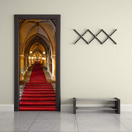 Puerta 3D Etiqueta, Impermeable Pvc Autoadhesivo Etiqueta De La Pared, Hogar Decorativos Papel Pintado Pared Arte, Escalera Roja Del Castillo, 91.4X213Cm