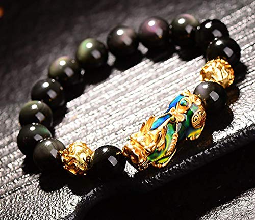Pulsera de aleación Feng Shui que cambia de color Pixiu Piyao Wealth Bracelet Prosperity Rainbow Obsidian Talisman Stretch Bracelet Six Word Mantra Tallado Cuentas de oro para atraer la suerte