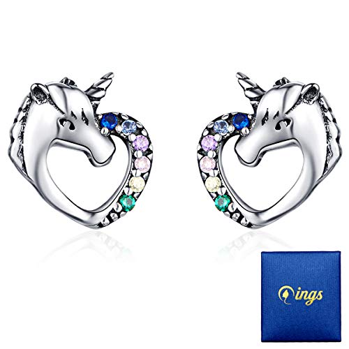 Qings Unicornio Pendientes Niña Plata de ley 925 con Circonita Pequeños Arete Piercings Rectos Oreja Hipoalergenicos