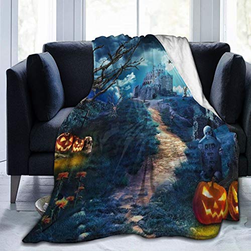 QIUTIANXIU Mantas para Sofás de Franela 150x200cm Aterrador Castillo Embrujado Noche Halloween Fantasma Bruja Calabaza Manta para Cama Extra Suave