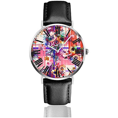 Reloj de Pulsera Acuarela Jardín Floral Clásico Casual Cuarzo Reloj de Correa de Cuero Negro