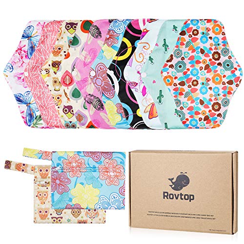 Rovtop 10PCS 25.4 cm Reutilizables de Carbón de Bambú - Almohadilla Menstrual Reutilizable Compresa de Tela + 2 Bolsa de Transporte Mini (Caja de Regalo Ambiental)