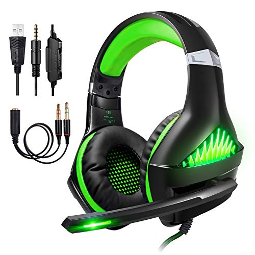 Samoleus Cascos Gaming PS4 PC Xbox One, Gaming Auriculares con Microfono, Cascos Gamer, Headset Cascos con Jack 3.5mm, Luz LED, Bass Surround, Cancelación de Ruido, Control de Volumen