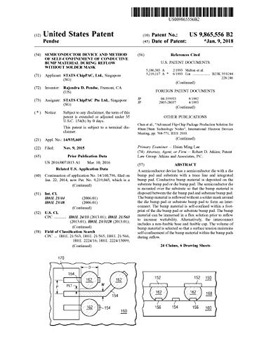 Semiconductor device and method of self-confinement of conductive bump material during reflow without solder mask: United States Patent 9865556 (English Edition)