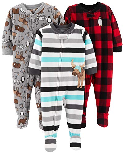 Simple Joys by Carter's 3-Pack Flame Resistant Fleece Footed Pajamas Infant-and-Toddler Sets, Arctic Animals/Stripe Mouse/Buffalo Check, 18 Meses