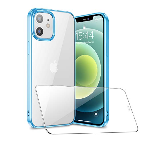 SmartDevil Compatible con iPhone 12/ iPhone 12 Pro Funda con Gratis Vidrio Templado Protector de Pantalla, Ultra Fina Silicona Transparente TPU Carcasa Anti-Choque Anti-arañazos Caso, Azul Claro