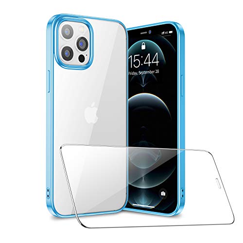 SmartDevil Compatible con iPhone 12 Pro MAX Funda con Gratis Vidrio Templado Protector de Pantalla, Ultra Fina Silicona Transparente TPU Carcasa Anti-Choque Anti-arañazos Caso, Azul Claro