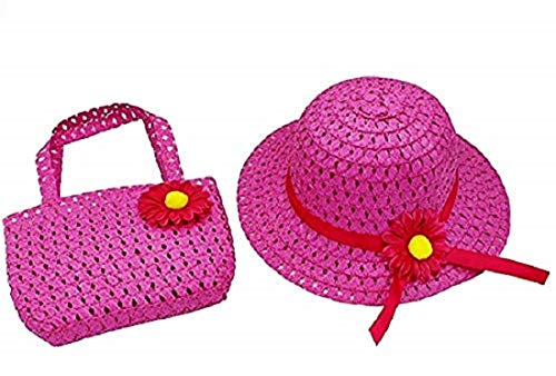 Sombrero de sol – Bolso de paja – Niña – Verano – Elegante – Protección solar – Juego de dos piezas – Idea regalo Navidad y cumpleaños fucsia 5-6 Años