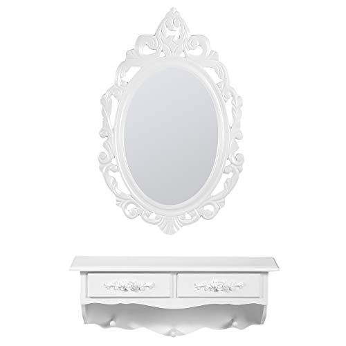 SONGMICS Mini Tocador de Pared, con 1 Espejo Ovalado y 2 Cajones, Mesa de Maquillaje, Blanco RDT16W