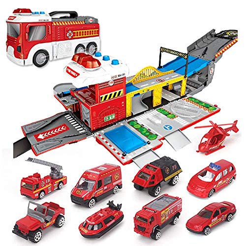 SSBH Montaje de camiones de bomberos grandes Coches de juguete Camión de bomberos Estacionamiento multifuncional Edificio de bricolaje Vehículo for vehículos Conjuntos de pistas de la ciudad con pista