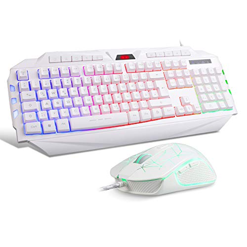 Teclado Gaming con ratón DE-Layout QWERTZ Gaming teclado y ratón blanco 6 ADJUSTABLE DPI-(600/800/1200/1600/2400/3200 DPI ajustables), retroiluminación Rainbow Keyboard para Xbox One PS4 PC